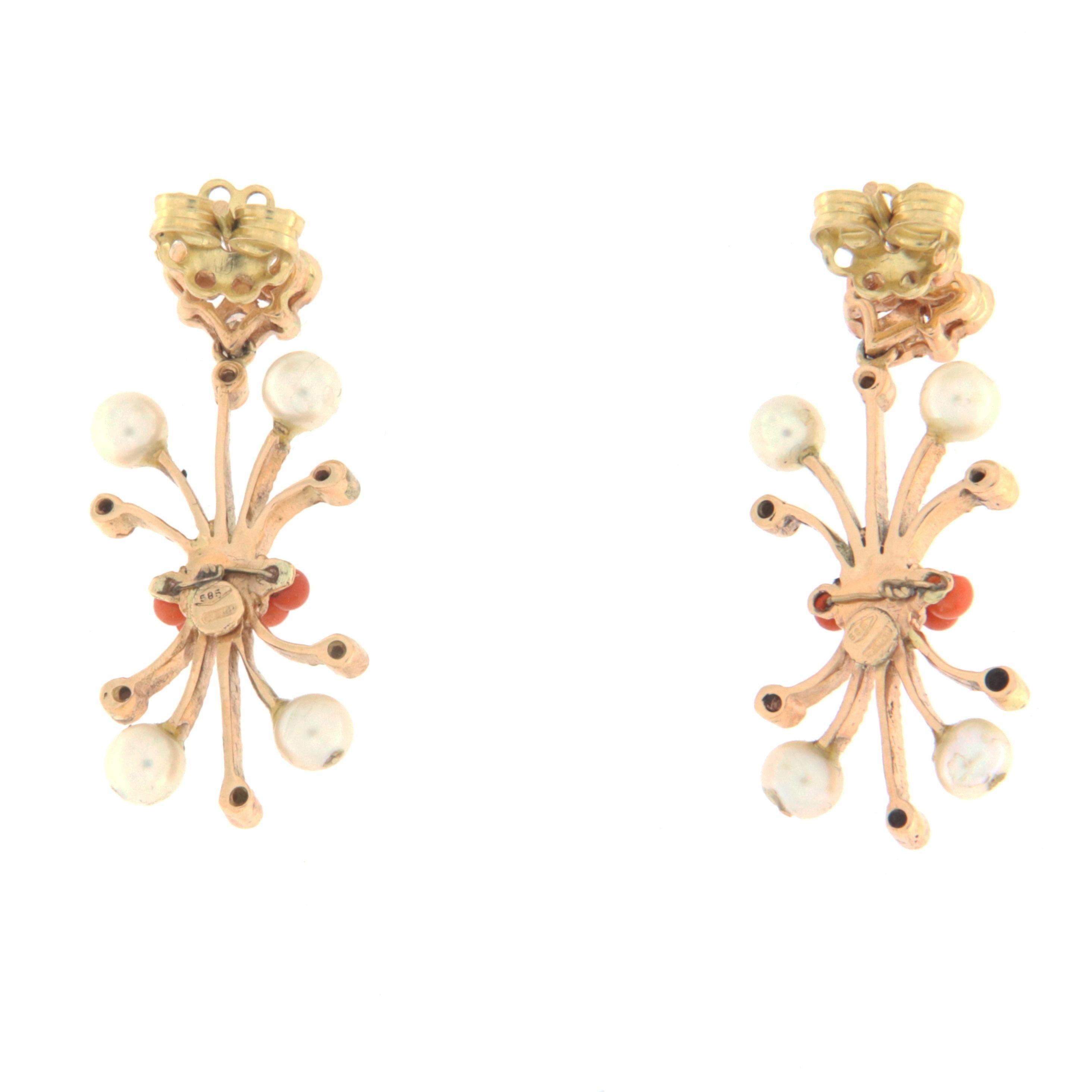 Coral Diamonds Pearls 14 Karat Yellow Gold Drop Earrings In New Condition For Sale In Marcianise, IT