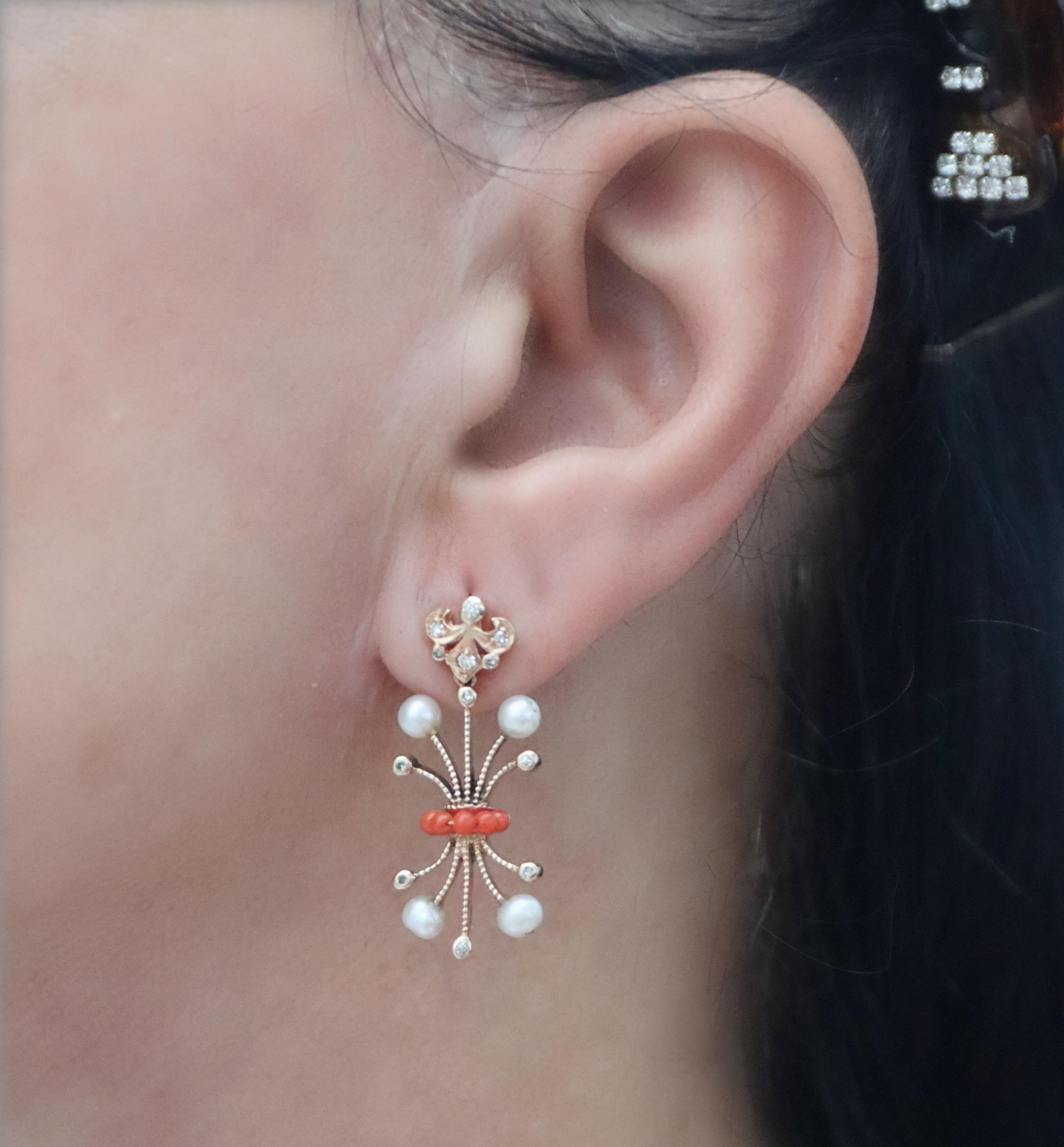 Coral Diamonds Pearls 14 Karat Yellow Gold Drop Earrings For Sale 2