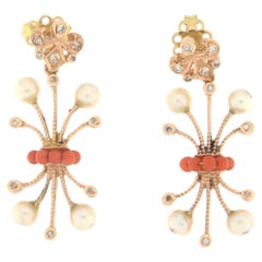 Coral Diamonds Pearls 14 Karat Yellow Gold Drop Earrings