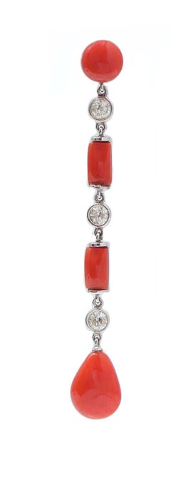 Coral, Diamonds, Platinum Dangle Earrings