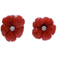 Coral, Diamonds, Platinum Earrings.