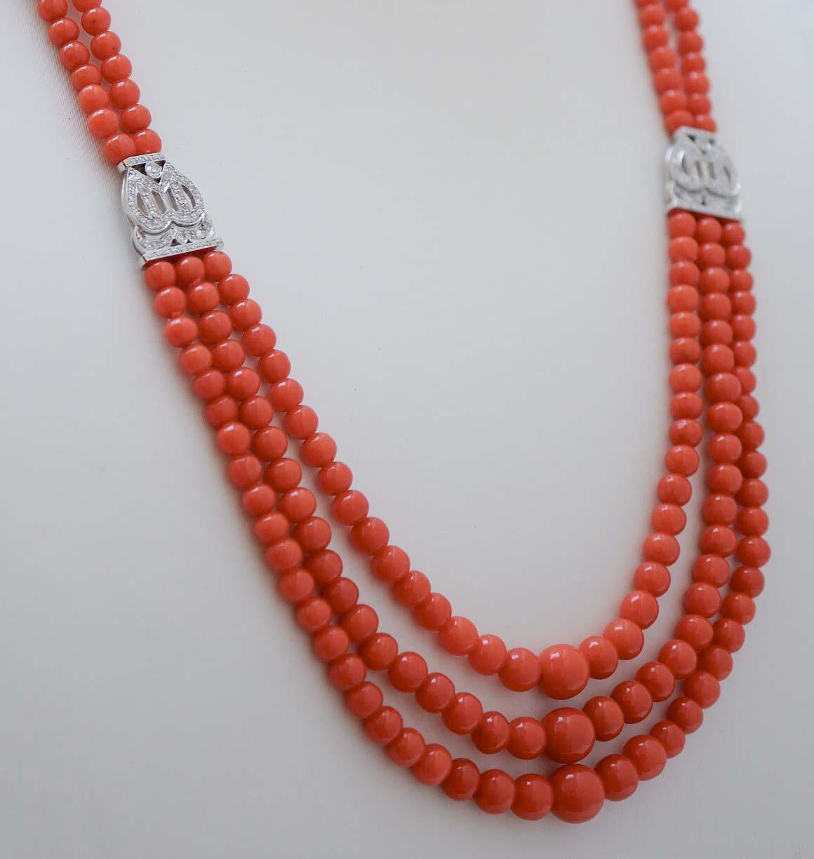 Retro Coral, Diamonds, Platinum Necklace. For Sale