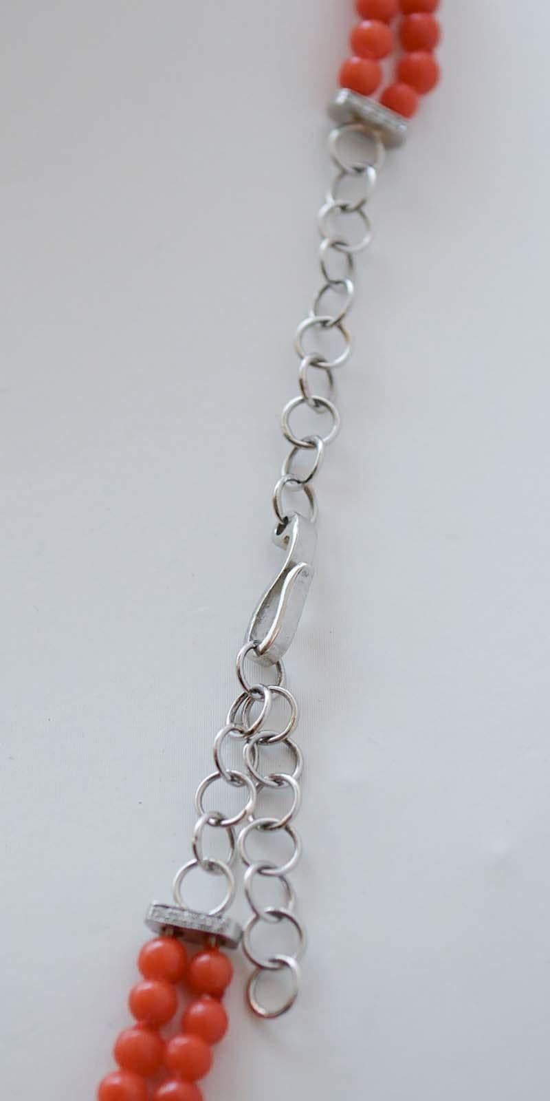 Mixed Cut Coral, Diamonds, Platinum Necklace. For Sale