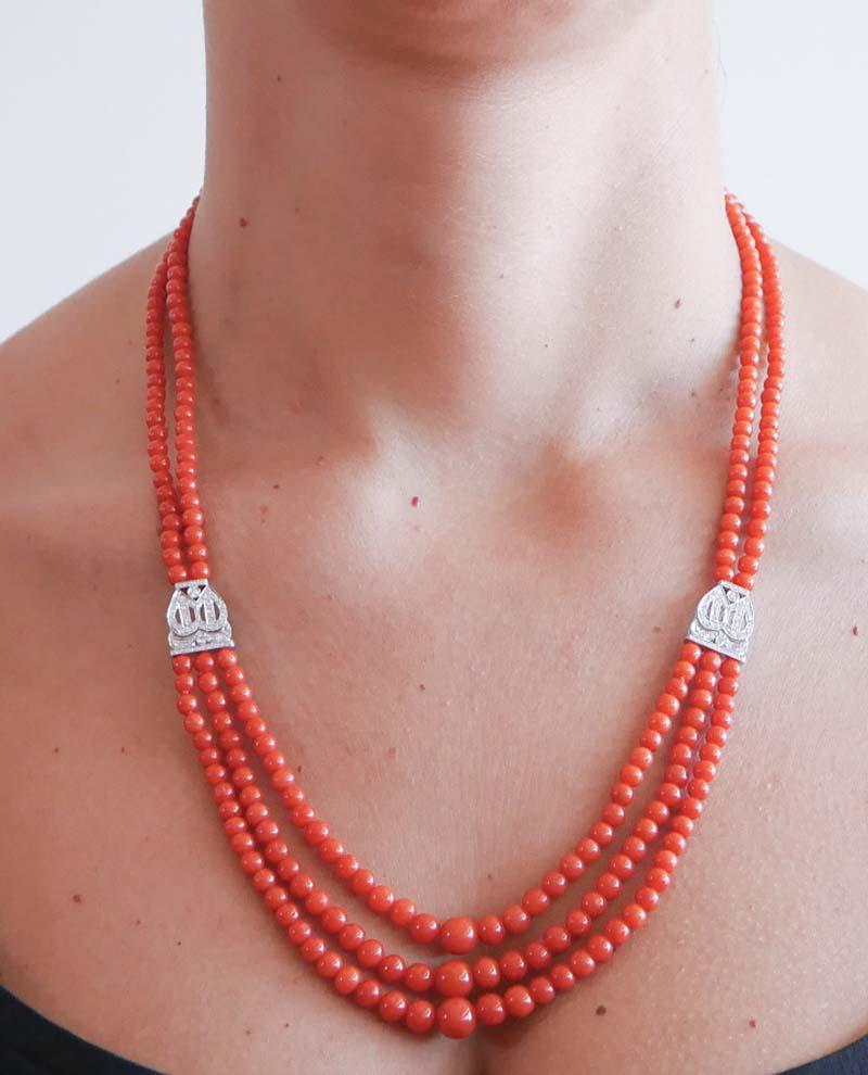 Women's Coral, Diamonds, Platinum Necklace. For Sale