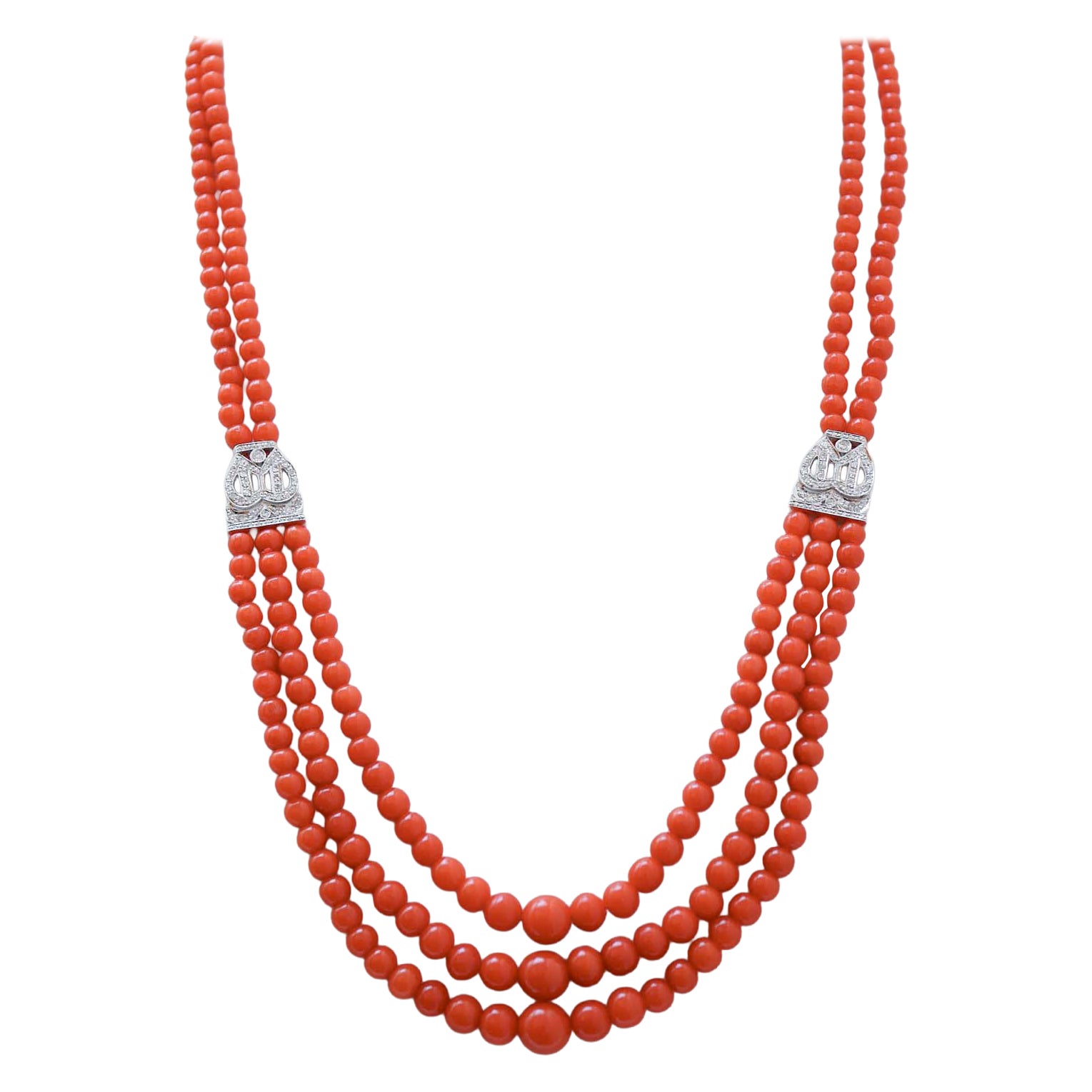 Coral, Diamonds, Platinum Necklace. For Sale