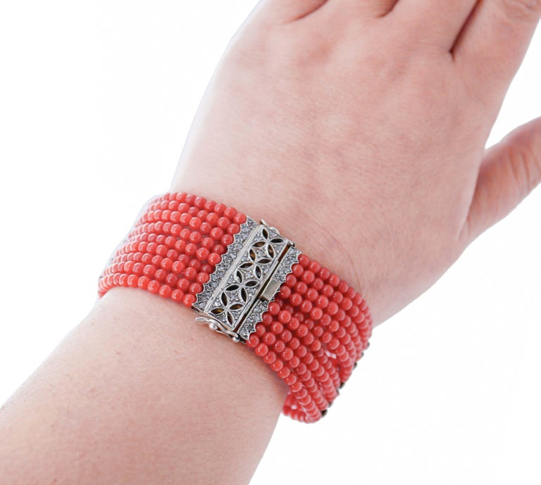Coral, Diamonds, Rose Gold and Silver Bracelet For Sale at 1stDibs