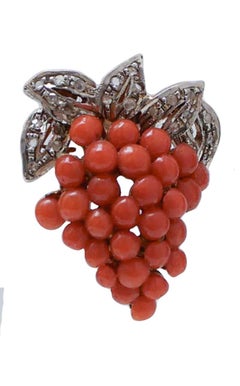 Coral, Diamonds, Rose Gold and Silver Bunch Earrings.