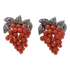 Coral, Diamonds, Rose Gold and Silver Bunch Earrings.