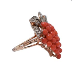 Coral, Diamonds, Rose Gold and Silver Bunch Ring.