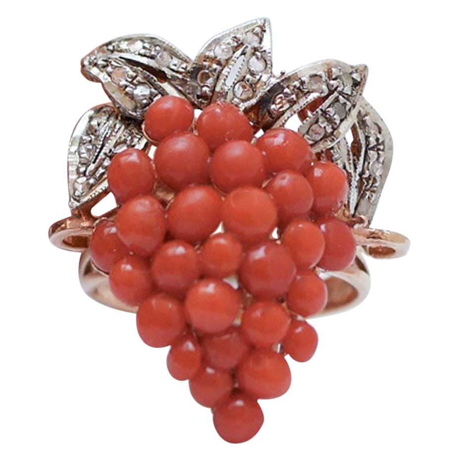 Coral, Diamonds, Rose Gold and Silver Bunch Ring.