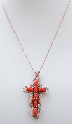 Coral, Diamonds, Rose Gold and Silver Cross Pendant Necklace.