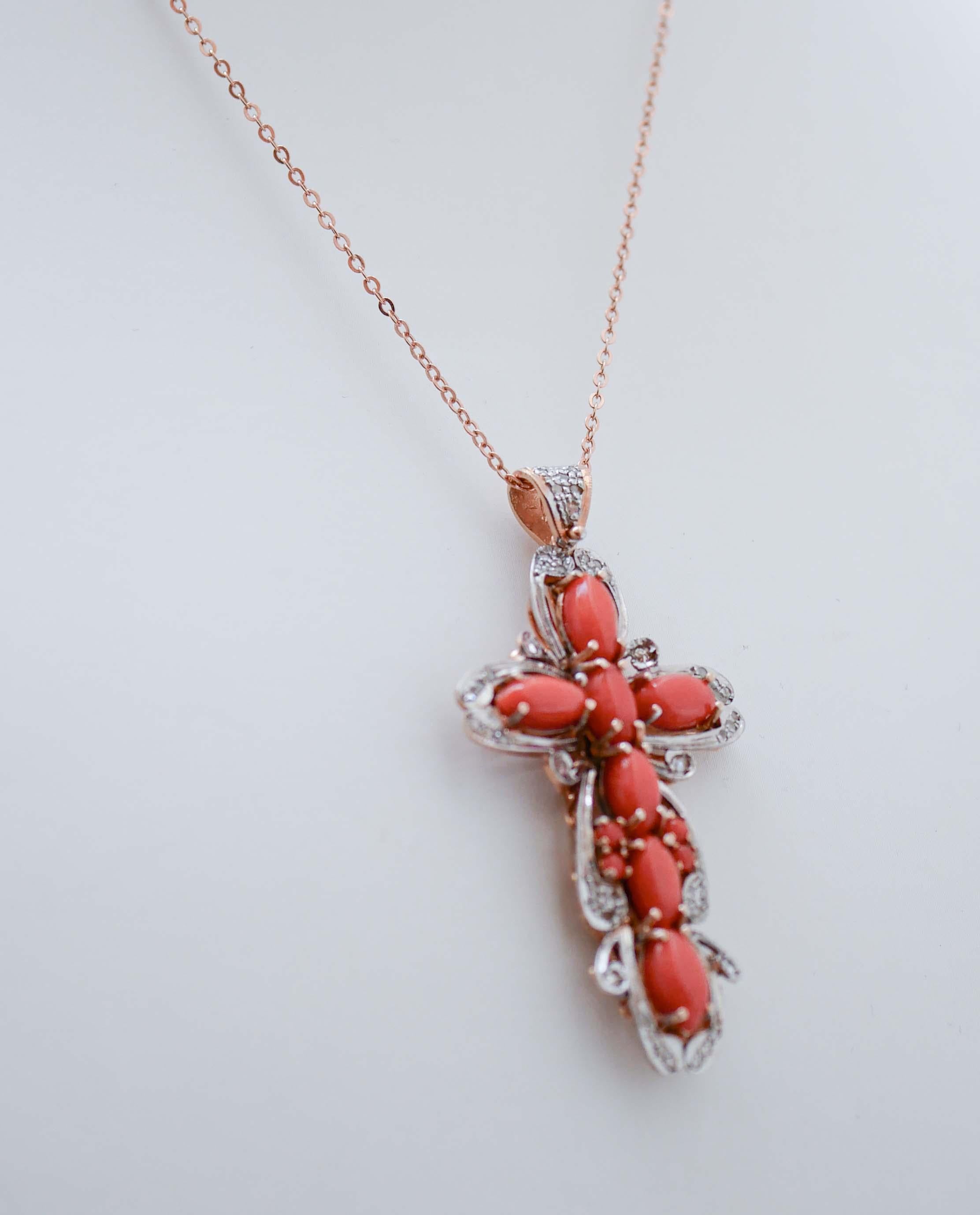 Retro Coral, Diamonds, Rose Gold and Silver Cross Pendant Necklace. For Sale