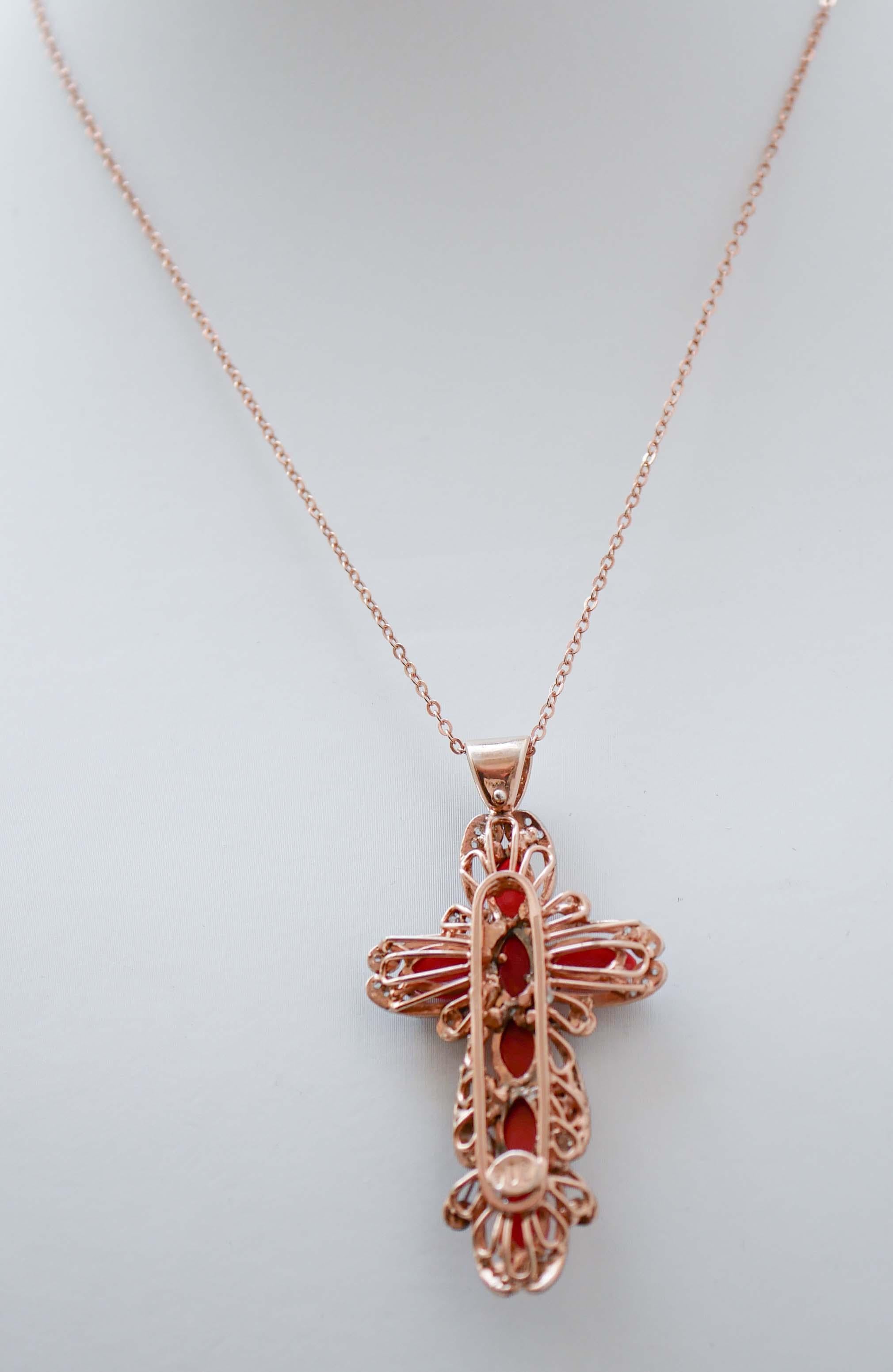 Mixed Cut Coral, Diamonds, Rose Gold and Silver Cross Pendant Necklace. For Sale