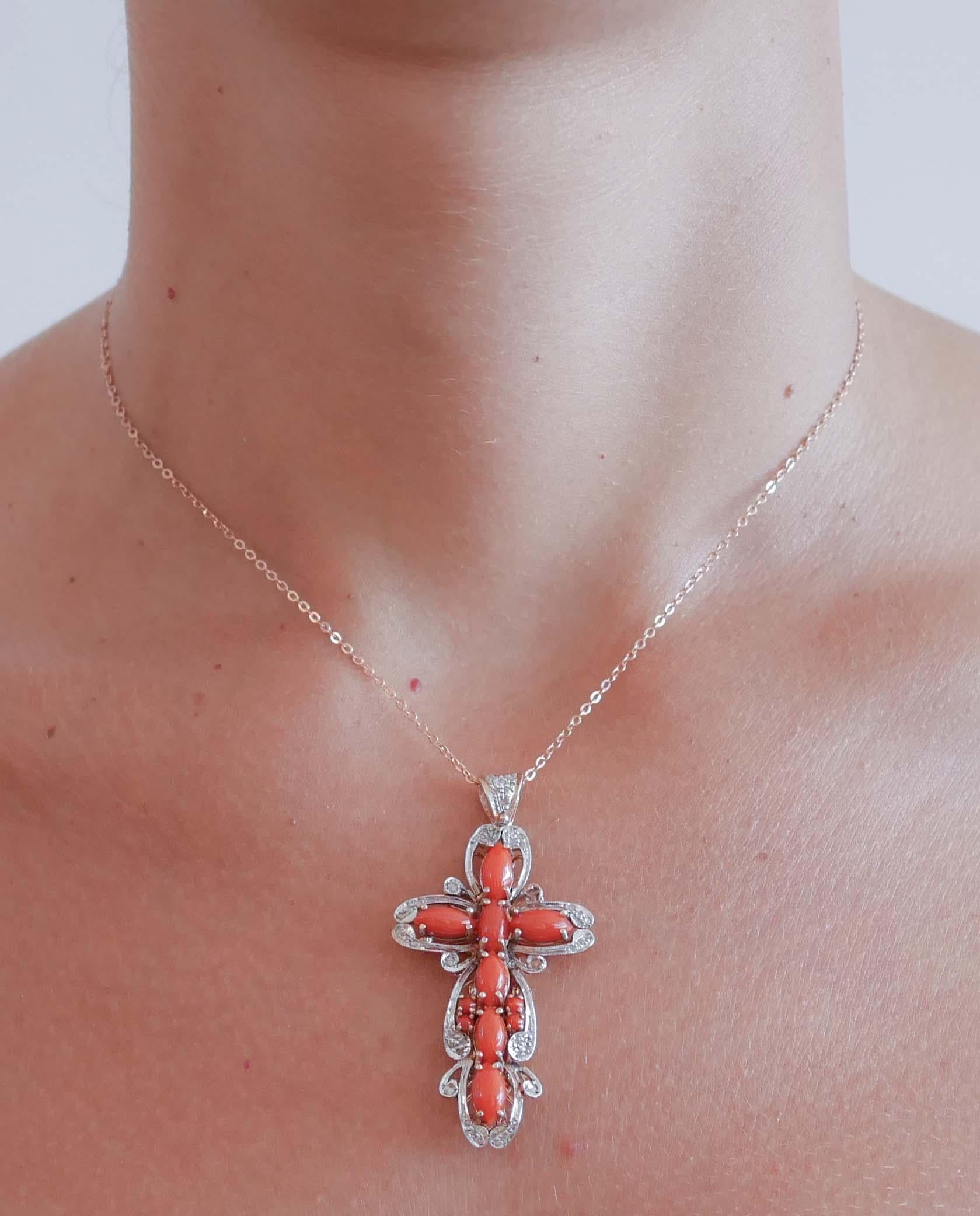 Women's Coral, Diamonds, Rose Gold and Silver Cross Pendant Necklace. For Sale