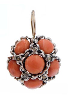 Coral, Diamonds, Rose Gold and Silver Earrings.