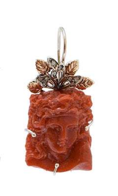 Coral, Diamonds, Rose Gold and Silver Earrings.