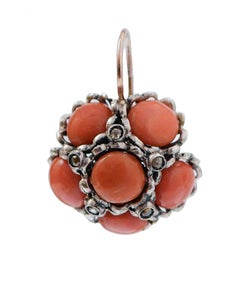 Coral, Diamonds, Rose Gold and Silver Earrings.