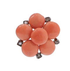 Coral, Diamonds, Rose Gold and Silver Earrings.