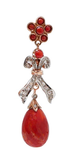 Coral, Diamonds, Rose Gold and Silver Earrings.