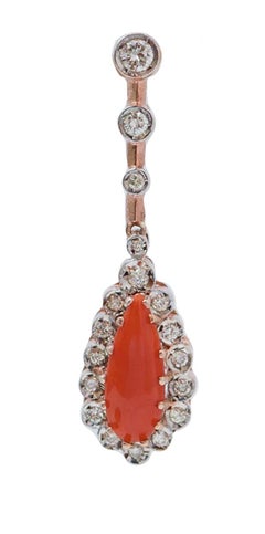 Coral, Diamonds, Rose Gold and Silver Earrings.