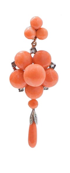 Coral, Diamonds, Rose Gold and Silver Earrings.