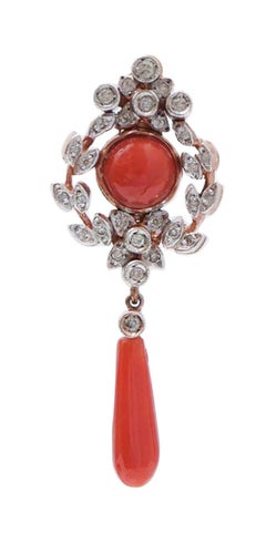 Coral, Diamonds, Rose Gold and Silver Earrings.