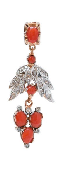 Coral, Diamonds, Rose Gold and Silver Earrings.