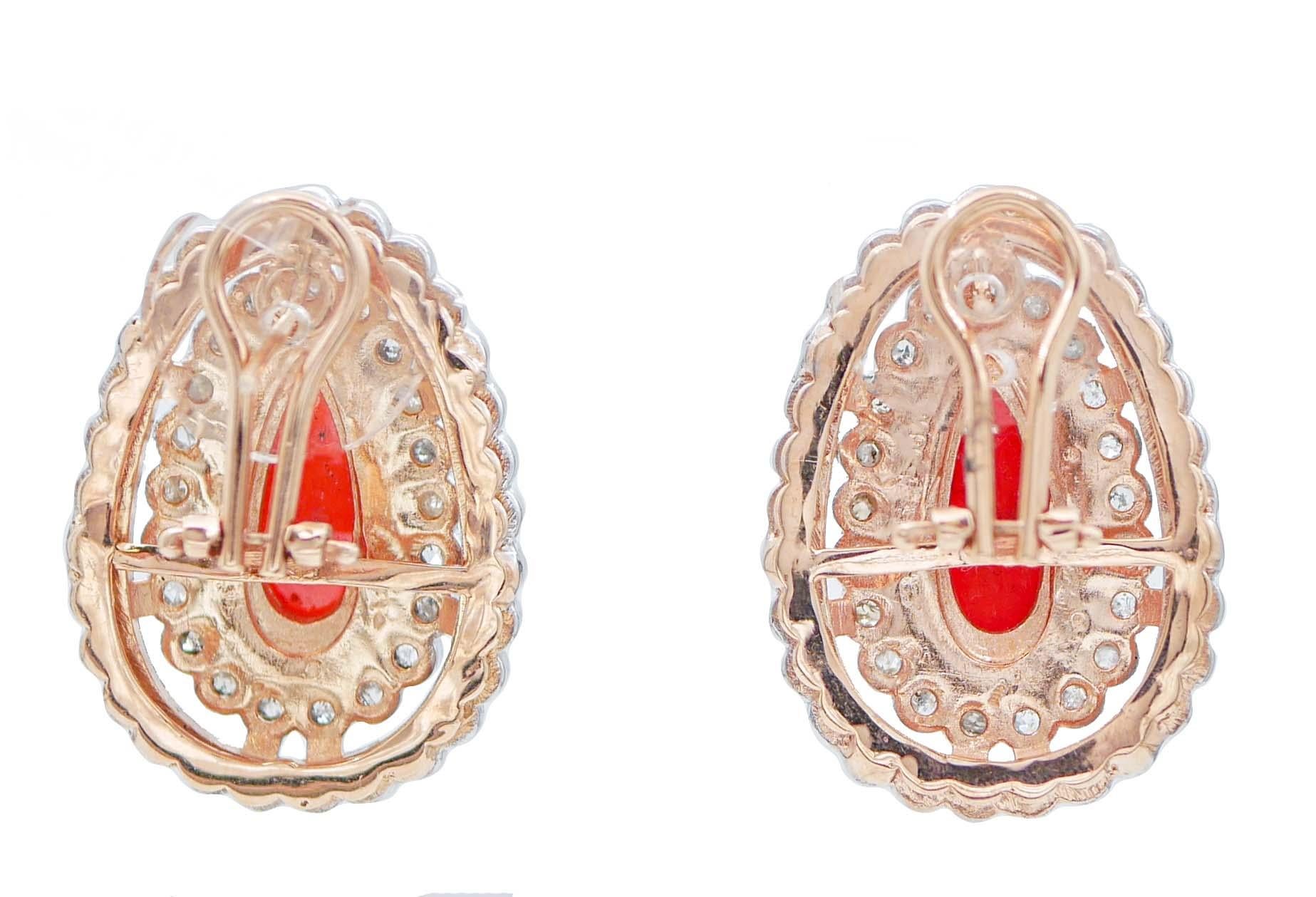 Retro Coral, Diamonds, Rose Gold and Silver Earrings For Sale