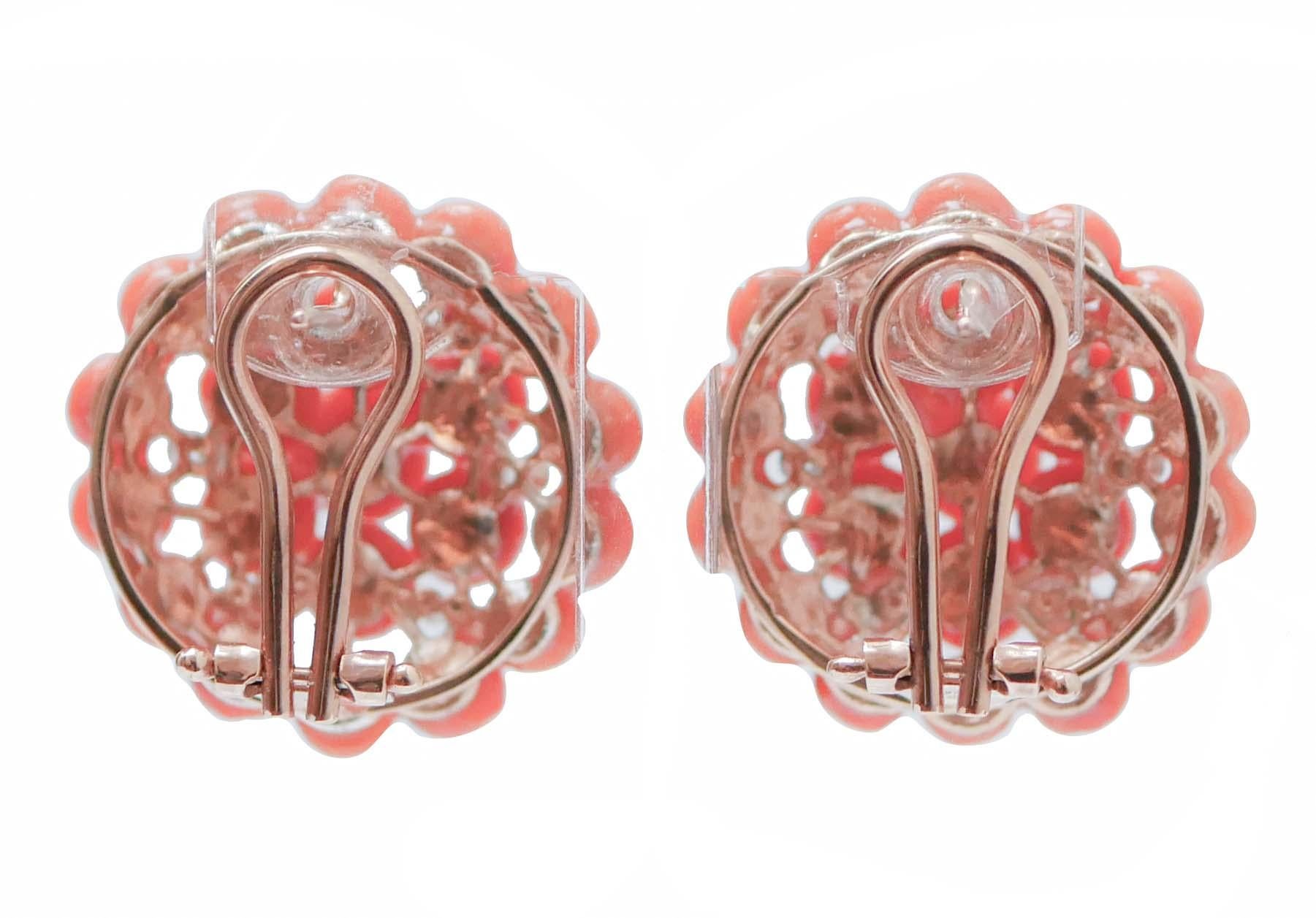 Retro Coral, Diamonds, Rose Gold and Silver Earrings. For Sale