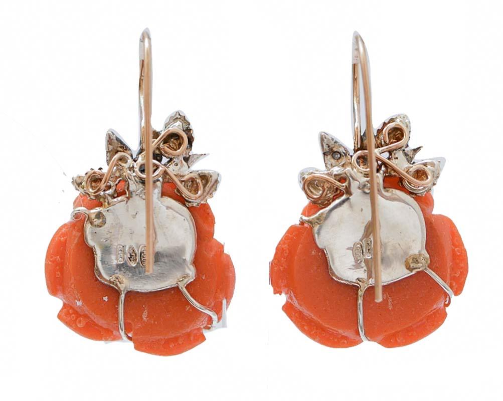 Retro Coral, Diamonds, Rose Gold and Silver Earrings. For Sale
