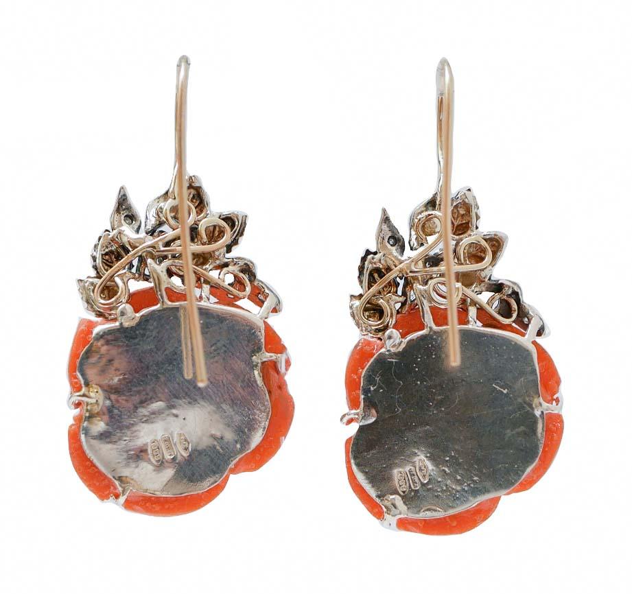 Retro Coral, Diamonds, Rose Gold and Silver Earrings. For Sale