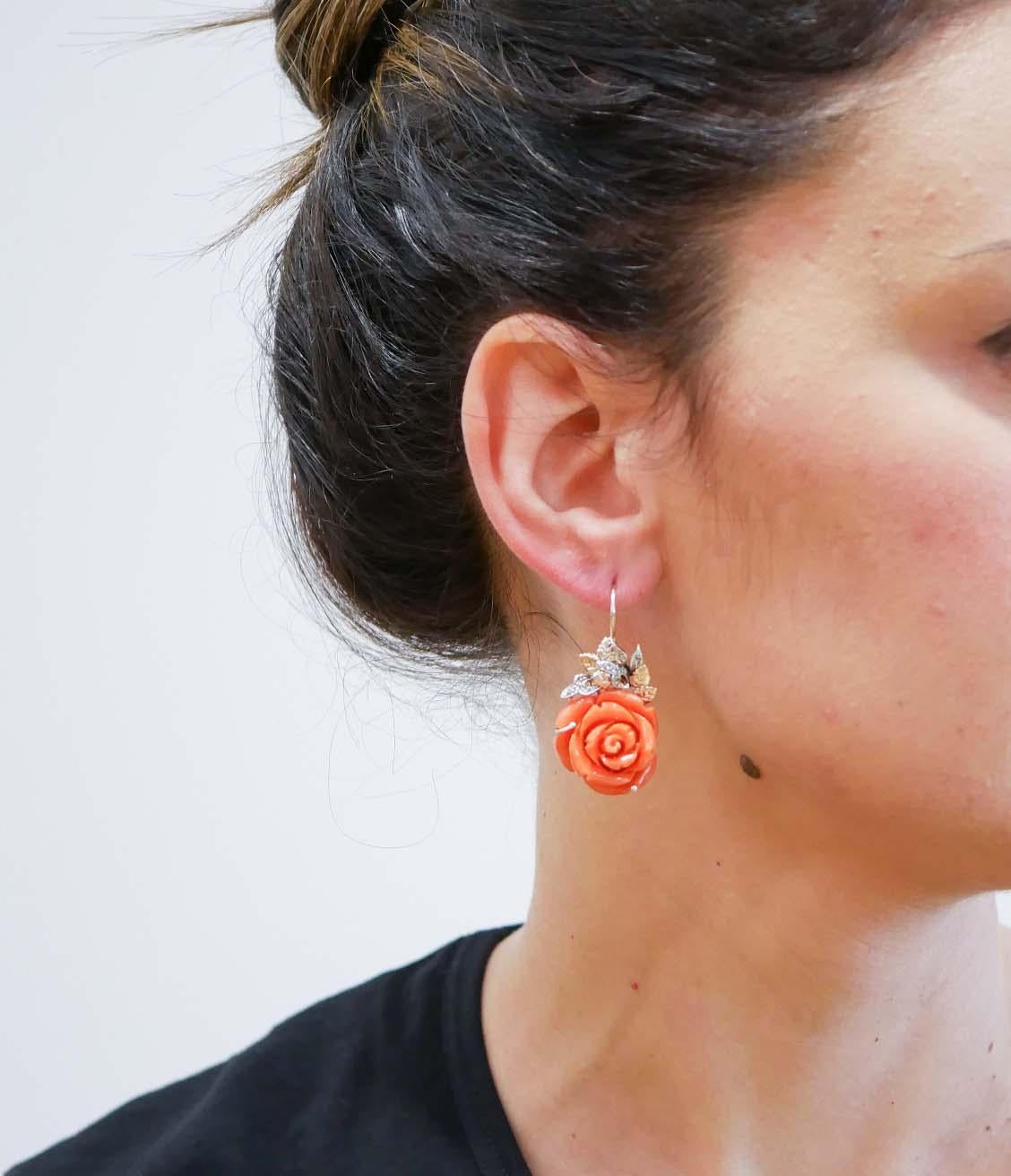 Mixed Cut Coral, Diamonds, Rose Gold and Silver Earrings. For Sale
