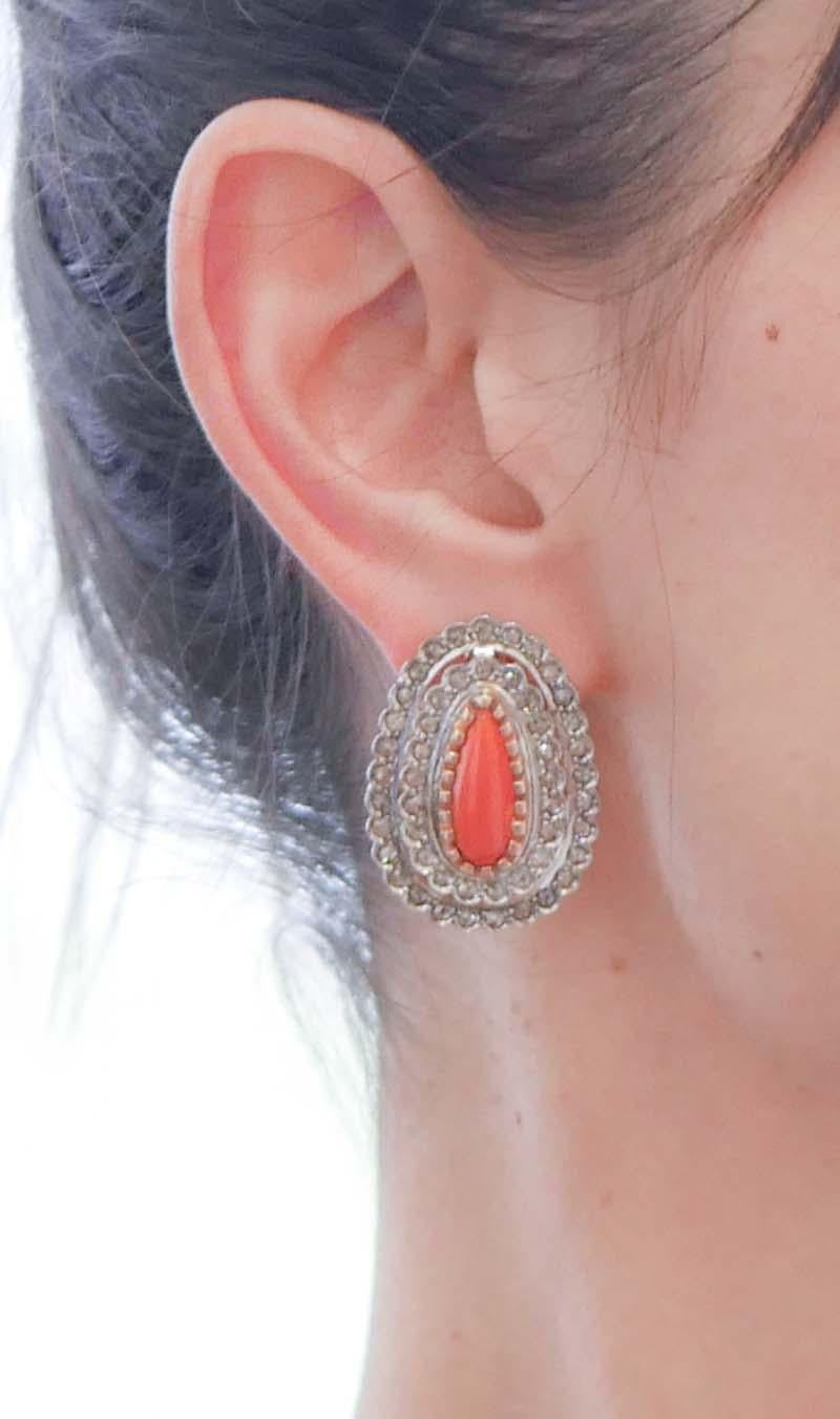 Coral, Diamonds, Rose Gold and Silver Earrings In Good Condition For Sale In Marcianise, Marcianise (CE)