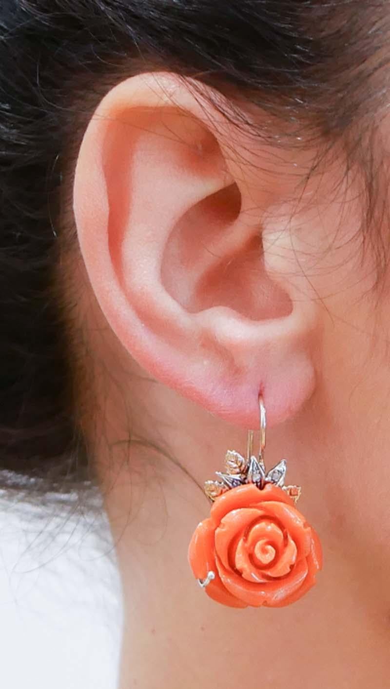 Coral, Diamonds, Rose Gold and Silver Earrings. In Good Condition For Sale In Marcianise, Marcianise (CE)