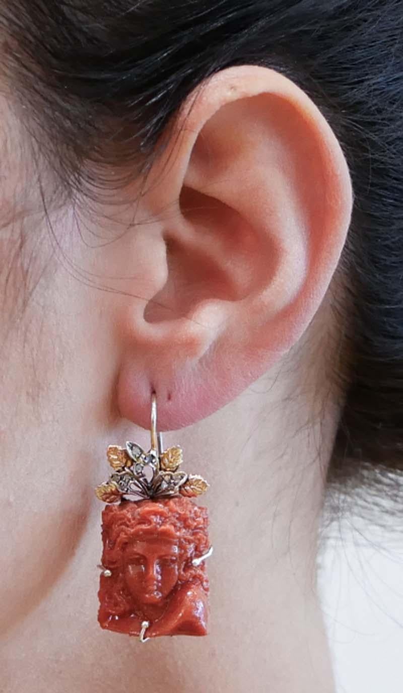 Orecchini in corallo, diamanti, oro rosa e argento. In condizioni buone in vendita a Marcianise, Marcianise (CE)