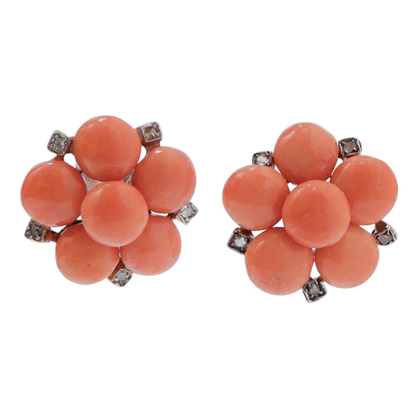 Coral, Diamonds, Rose Gold and Silver Earrings. For Sale