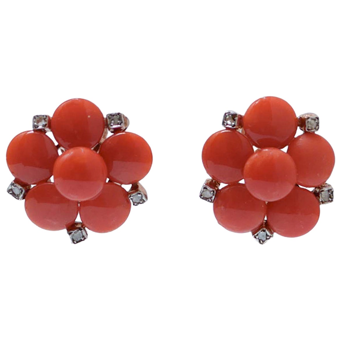 Coral, Diamonds, Rose Gold and Silver Earrings.