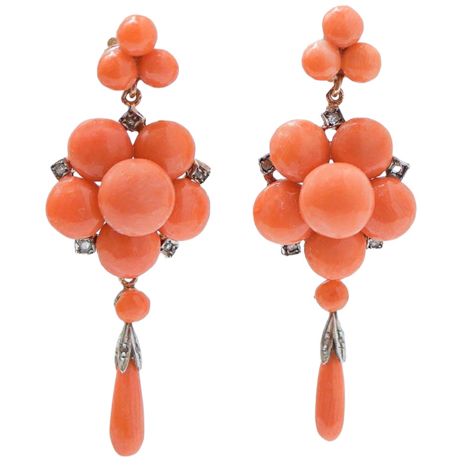Coral, Diamonds, Rose Gold and Silver Earrings.