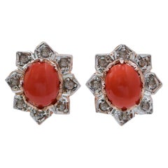 Coral, Diamonds, Rose Gold and Silver Earrings.