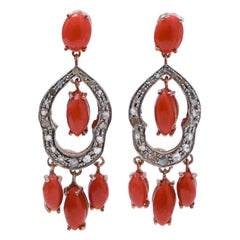 Coral, Diamonds, Rose Gold and Silver Earrings.