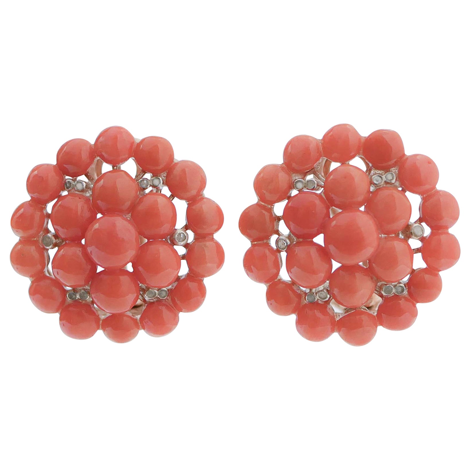 Coral, Diamonds, Rose Gold and Silver Earrings.