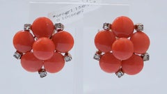 Coral, Diamonds, Rose Gold and Silver Earrings.