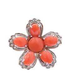 Coral, Diamonds, Rose Gold and Silver Flower Earrings.