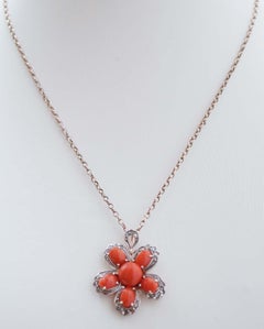 Coral, Diamonds, Rose Gold and Silver Flower Pendant.