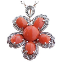 Coral, Diamonds, Rose Gold and Silver Flower Pendant.