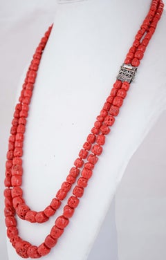 Coral, Diamonds, Rose Gold and Silver Necklace.