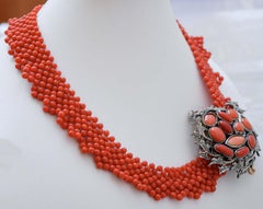 Coral, Diamonds, Rose Gold and Silver Necklace.