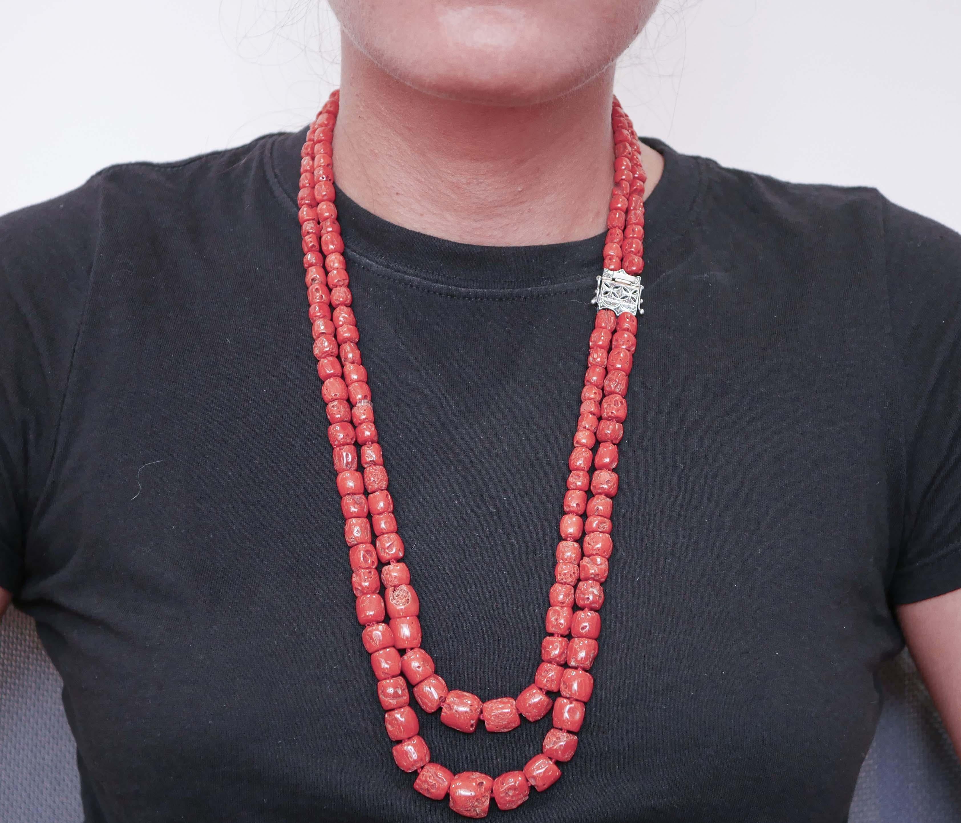 Mixed Cut Coral, Diamonds, Rose Gold and Silver Necklace. For Sale