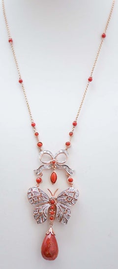 Coral, Diamonds, Rose Gold and Silver Pendant Necklace.