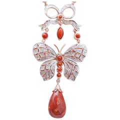 Coral, Diamonds, Rose Gold and Silver Pendant Necklace.